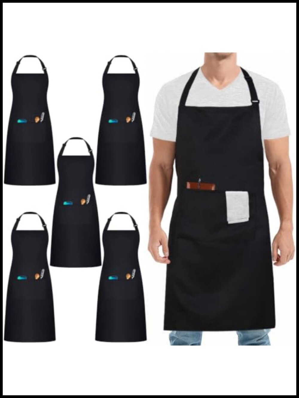 5 Pack Chef Apron XL Bib Apron 3 Pockets Polyester Kitchen